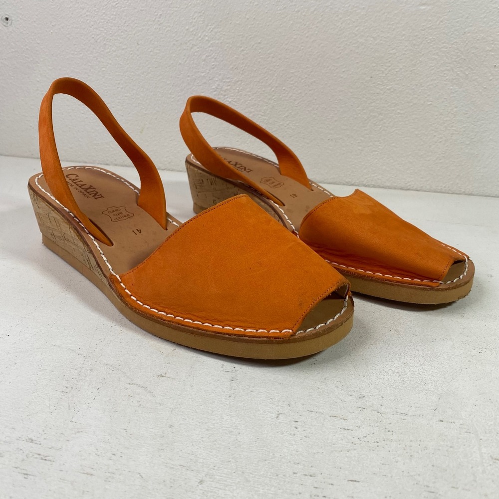 Calaxini Orange Leather Wedge Sandals Size 41 Slingback Cork Made in Spain